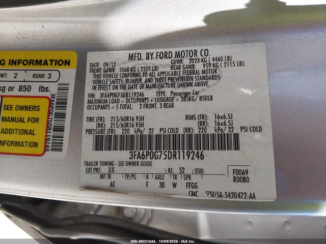 46331444 :رقم المزاد ، 3FA6P0G75DR119246 vin ، 2013 Ford Fusion S مزاد بيع
