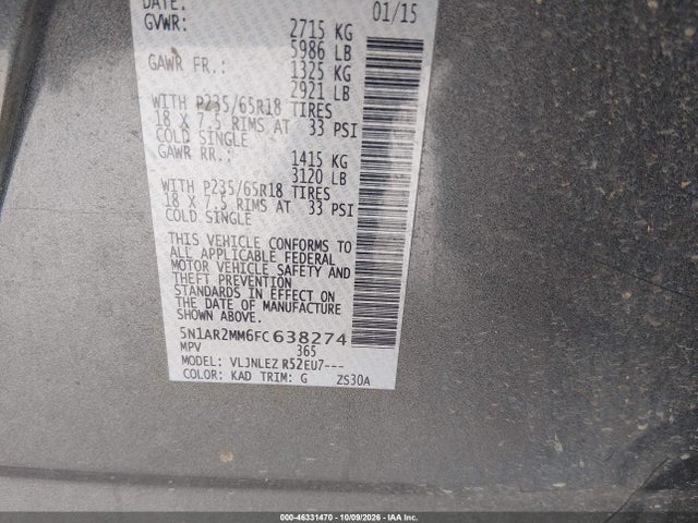Aukcja sprzedaży 2015 Nissan Pathfinder Sv, vin: 5N1AR2MM6FC638274, numer aukcji: 46331470