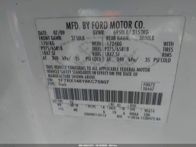 Aukcja sprzedaży 2009 Ford F-150 Stx/xl/xlt, vin: 1FTRX14819KC75807, numer aukcji: 46331474