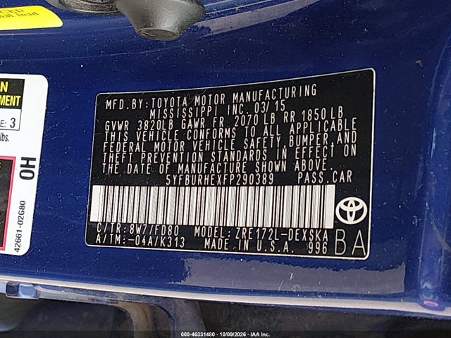 46331480 :رقم المزاد ، 5YFBURHEXFP290389 vin ، 2015 Toyota Corolla S Plus مزاد بيع
