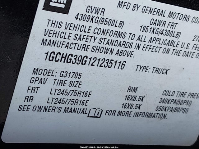 46331485 :رقم المزاد ، 1GCHG39G121235116 vin ، 2002 Chevrolet Express مزاد بيع
