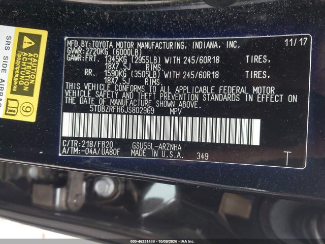 Aukcja sprzedaży 2018 Toyota Highlander Le, vin: 5TDBZRFH6JS802969, numer aukcji: 46331488
