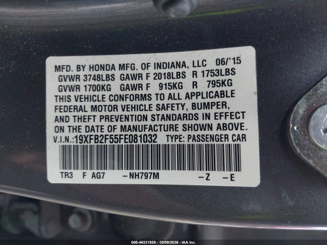 2015 Honda Civic Lx მანქანა იყიდება აუქციონზე, vin: 19XFB2F55FE081032, აუქციონის ნომერი: 46331508