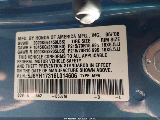 46331509 :رقم المزاد ، 5J6YH17316L014606 vin ، 2006 Honda Element Lx مزاد بيع