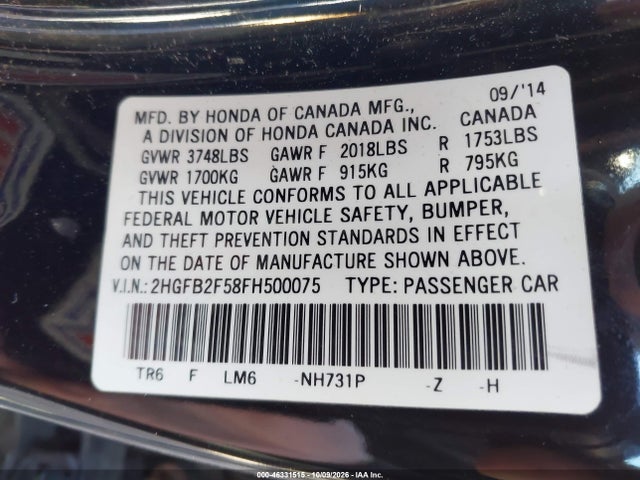 46331515 :رقم المزاد ، 2HGFB2F58FH500075 vin ، 2015 Honda Civic Lx مزاد بيع