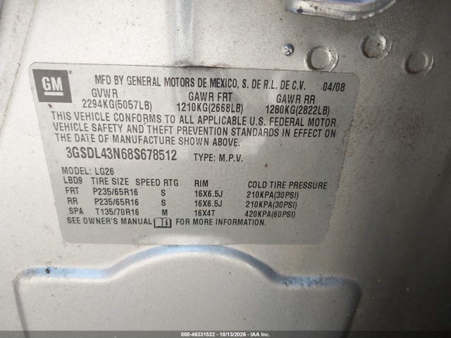 46331532 :رقم المزاد ، 3GSDL43N68S678512 vin ، 2008 Saturn Vue V6 Xe مزاد بيع