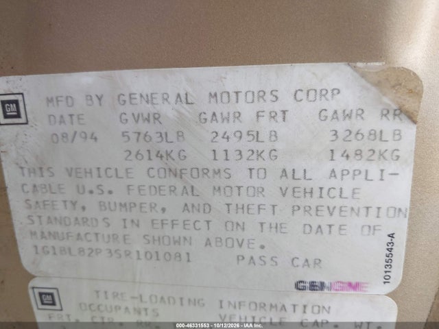46331553 :رقم المزاد ، 1G1BL82P3SR101081 vin ، 1995 Chevrolet Caprice Classic مزاد بيع