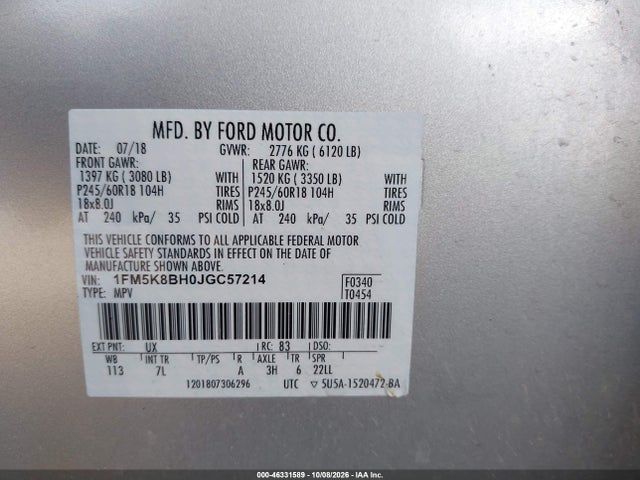 Aukcja sprzedaży 2018 Ford Explorer, vin: 1FM5K8BH0JGC57214, numer aukcji: 46331589