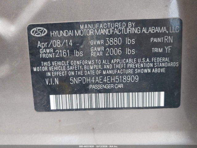 Aukcja sprzedaży 2014 Hyundai Elantra Se, vin: 5NPDH4AE4EH518909, numer aukcji: 46331630