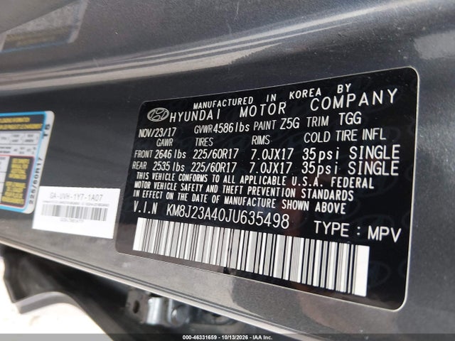 Продажа на аукционе авто 2018 Hyundai Tucson Se, vin: KM8J23A40JU635498, номер лота: 46331659