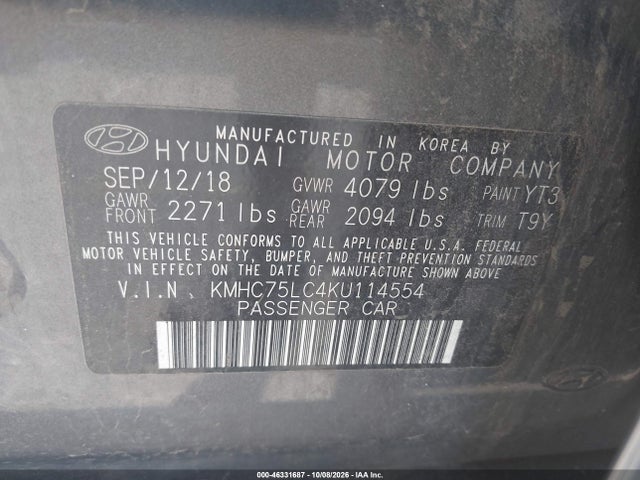 Aukcja sprzedaży 2019 Hyundai Ioniq Hybrid Sel, vin: KMHC75LC4KU114554, numer aukcji: 46331687
