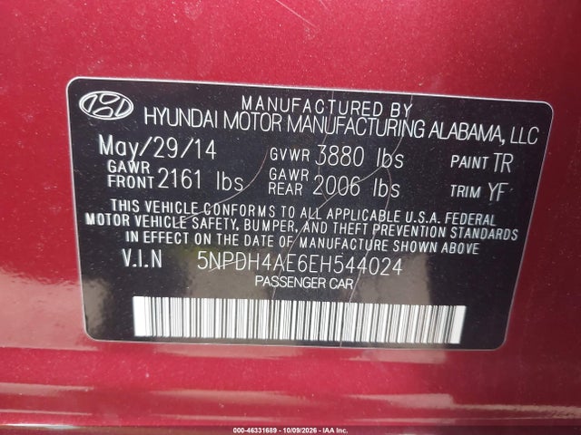 Продаж на аукціоні авто 2014 Hyundai Elantra Se, vin: 5NPDH4AE6EH544024, номер лоту: 46331689