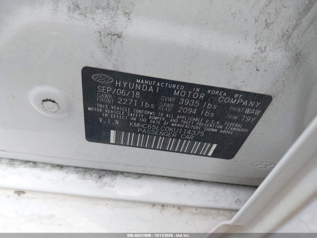 Aukcja sprzedaży 2019 Hyundai Ioniq Hybrid Blue, vin: KMHC65LC0KU114375, numer aukcji: 46331696