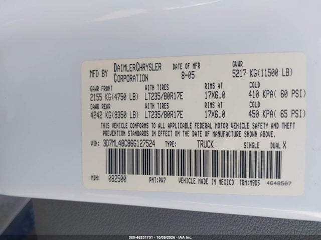 46331701 :رقم المزاد ، 3D7ML48C86G127524 vin ، 2006 Dodge Ram 3500 Slt/sport مزاد بيع