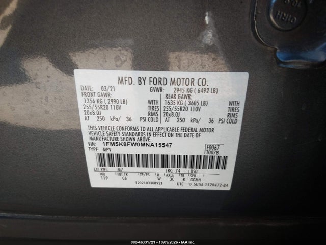 Aukcja sprzedaży 2021 Ford Explorer Limited, vin: 1FM5K8FW0MNA15547, numer aukcji: 46331721