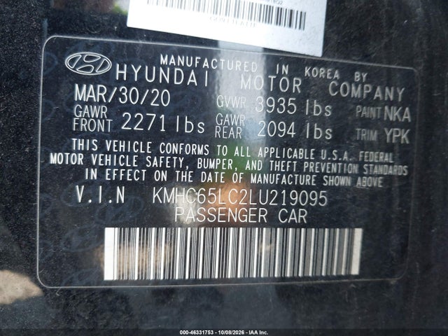 Aukcja sprzedaży 2020 Hyundai Ioniq Hybrid Blue, vin: KMHC65LC2LU219095, numer aukcji: 46331753
