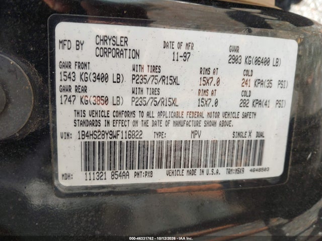 Aukcja sprzedaży 1998 Dodge Durango Slt, vin: 1B4HS28Y9WF116822, numer aukcji: 46331762