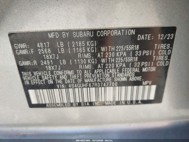 46331803 :رقم المزاد ، 4S4GUHF67R3747700 vin ، 2024 Subaru Crosstrek Sport مزاد بيع