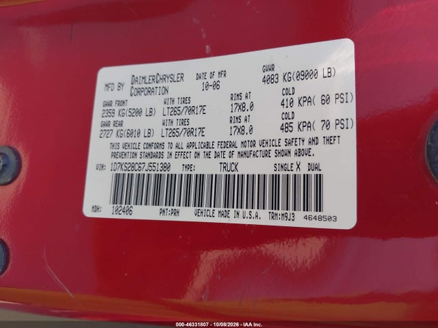 Продаж на аукціоні авто 2007 Dodge Ram 2500 Slt/trx4 Off Road/sport/power Wagon, vin: 1D7KS28C67J551380, номер лоту: 46331807