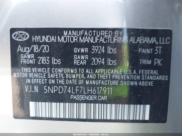 Продаж на аукціоні авто 2020 Hyundai Elantra Se, vin: 5NPD74LF7LH617911, номер лоту: 46331813