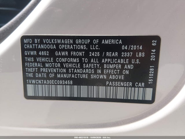 2014 Volkswagen Passat 2.0l Tdi Sel Premium მანქანა იყიდება აუქციონზე, vin: 1VWCN7A30EC093458, აუქციონის ნომერი: 46331819