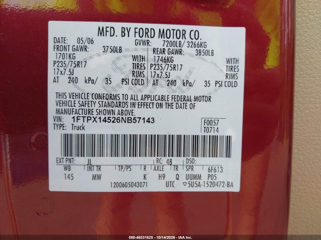46331825 :رقم المزاد ، 1FTPX14526NB57143 vin ، 2006 Ford F-150 Fx4/lariat/xl/xlt مزاد بيع