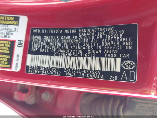 Toyota COROLLA SE 2018 2T1BURHE8JC118712 Image 9