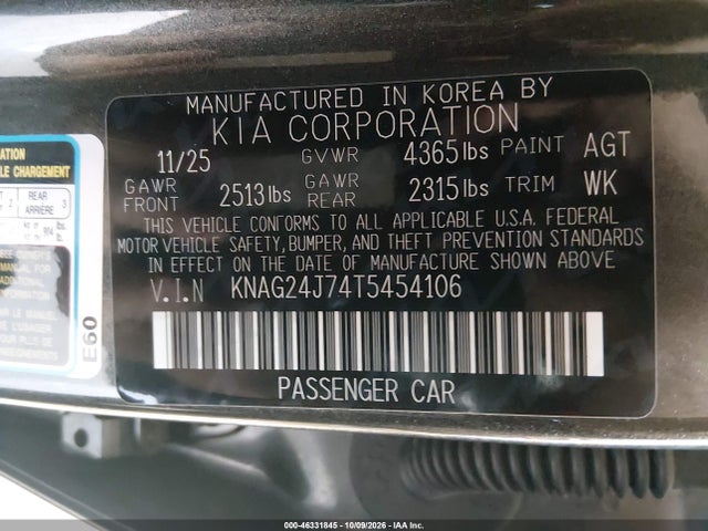 Продажа на аукционе авто 2026 Kia K5 Lxs Fwd, vin: KNAG24J74T5454106, номер лота: 46331845