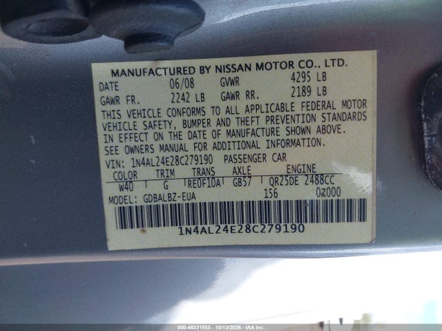 46331855 :رقم المزاد ، 1N4AL24E28C279190 vin ، 2008 Nissan Altima 2.5 S مزاد بيع