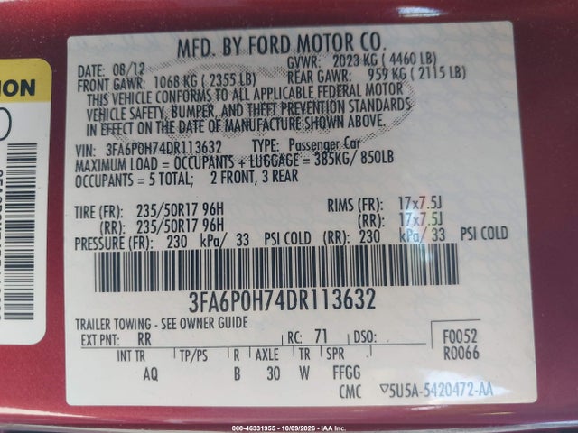 46331955 :رقم المزاد ، 3FA6P0H74DR113632 vin ، 2013 Ford Fusion Se مزاد بيع