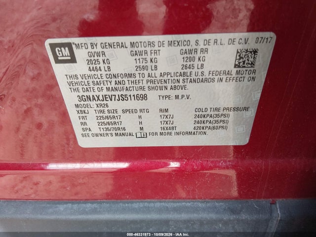 46331973 :رقم المزاد ، 3GNAXJEV7JS511698 vin ، 2018 Chevrolet Equinox Lt مزاد بيع