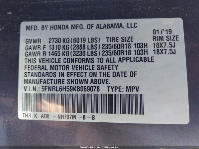 Продаж на аукціоні авто 2019 Honda Odyssey Ex, vin: 5FNRL6H59KB069078, номер лоту: 46331987