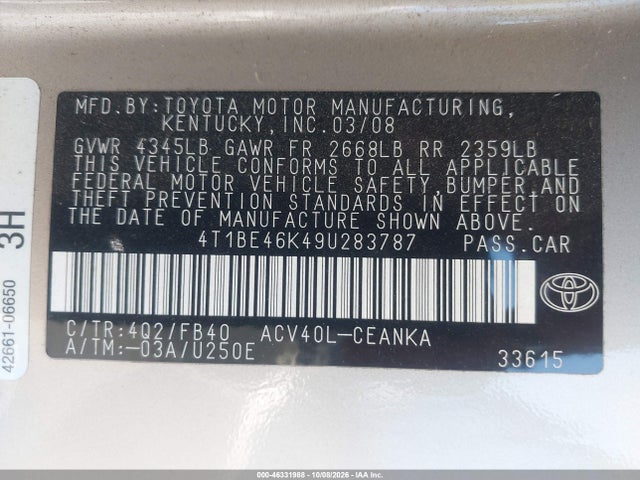 Продаж на аукціоні авто 2009 Toyota Camry Le, vin: 4T1BE46K49U283787, номер лоту: 46331988