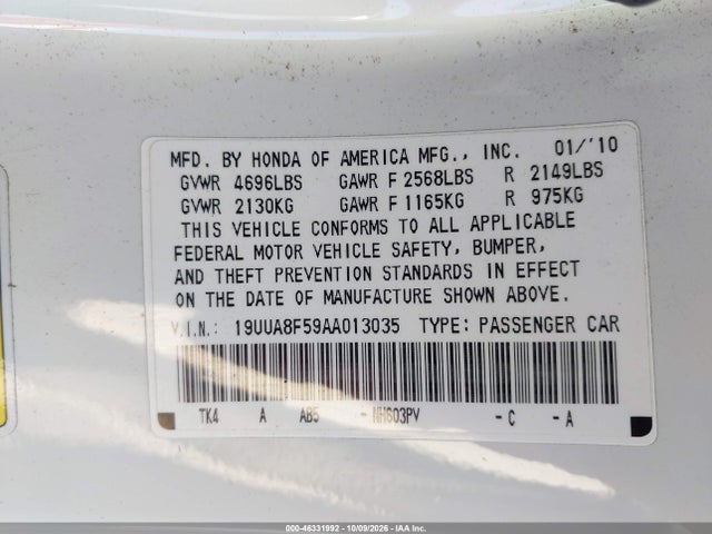 46331992 :رقم المزاد ، 19UUA8F59AA013035 vin ، 2010 Acura Tl 3.5 مزاد بيع