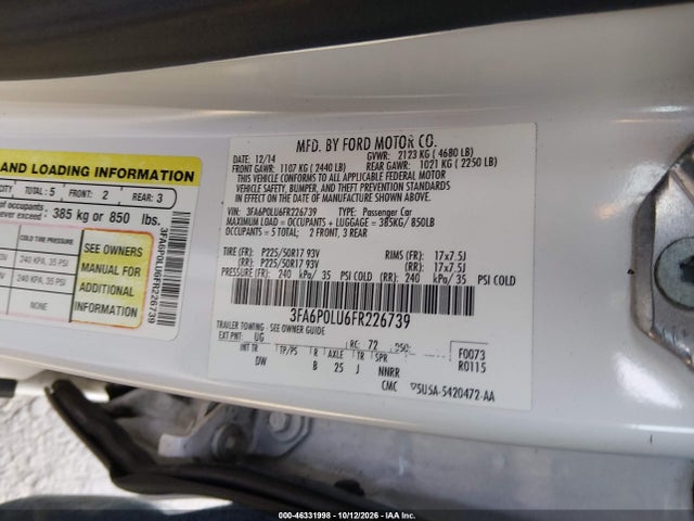 Aukcja sprzedaży 2015 Ford Fusion Hybrid Se, vin: 3FA6P0LU6FR226739, numer aukcji: 46331998