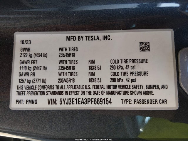 Tesla Model 3 Rear-wheel Drive 2023 5YJ3E1EA3PF669154 Image 9