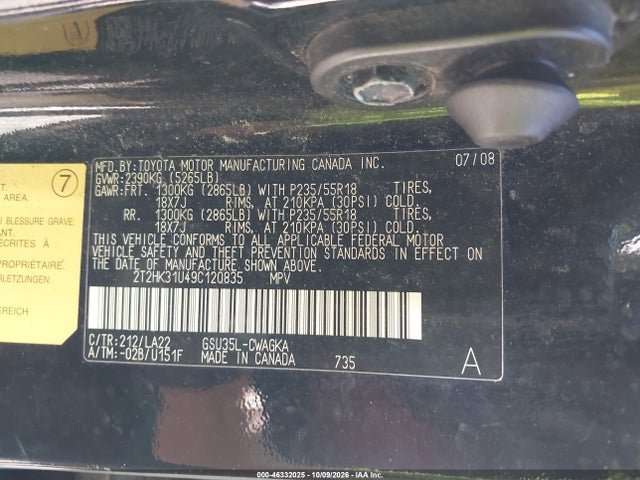 Aukcja sprzedaży 2009 Lexus Rx 350, vin: 2T2HK31U49C120835, numer aukcji: 46332025