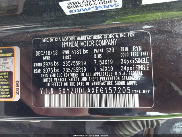 2014 Hyundai Santa Fe Sport 2.0l Turbo მანქანა იყიდება აუქციონზე, vin: 5XYZUDLAXEG157205, აუქციონის ნომერი: 46332035