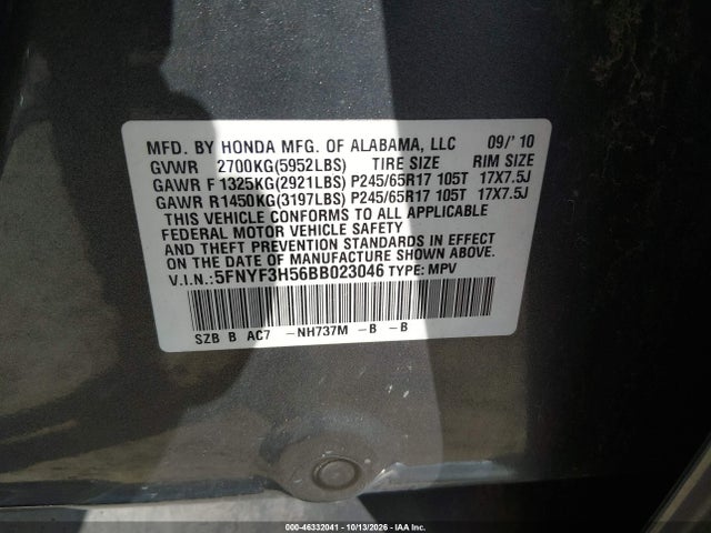 46332041 :رقم المزاد ، 5FNYF3H56BB023046 vin ، 2011 Honda Pilot Ex-l مزاد بيع