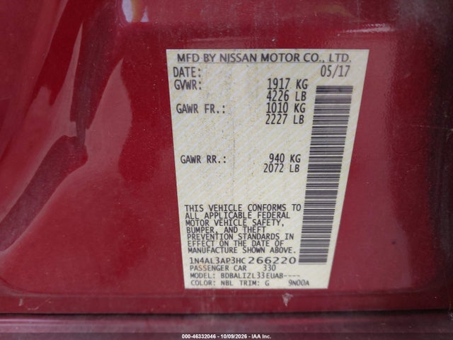 Aukcja sprzedaży 2017 Nissan Altima 2.5 Sv, vin: 1N4AL3AP3HC266220, numer aukcji: 46332046