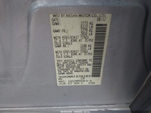 Продажа на аукционе авто 2012 Nissan Pathfinder Silver, vin: 5N1AR1NB6CC636589, номер лота: 46332048