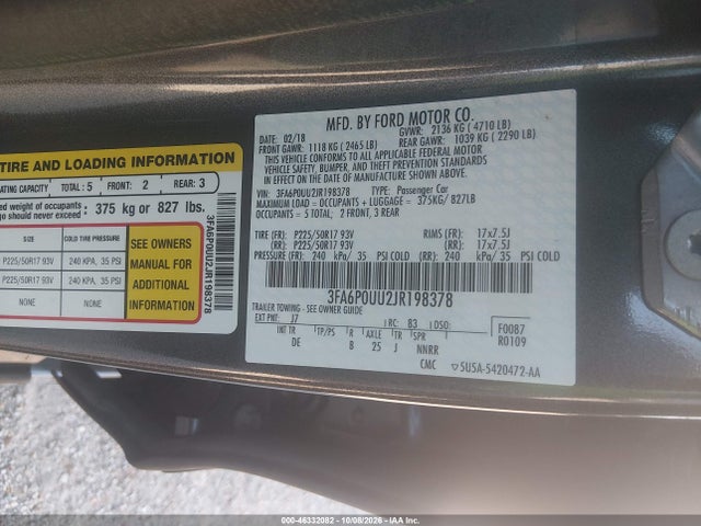 Продажа на аукционе авто 2018 Ford Fusion Hybrid S, vin: 3FA6P0UU2JR198378, номер лота: 46332082