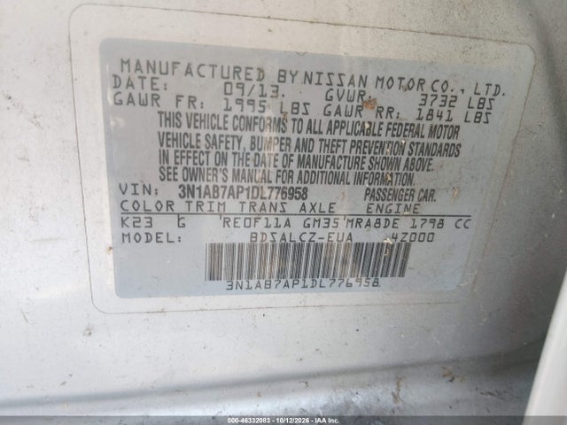 46332083 :رقم المزاد ، 3N1AB7AP1DL776958 vin ، 2013 Nissan Sentra S مزاد بيع