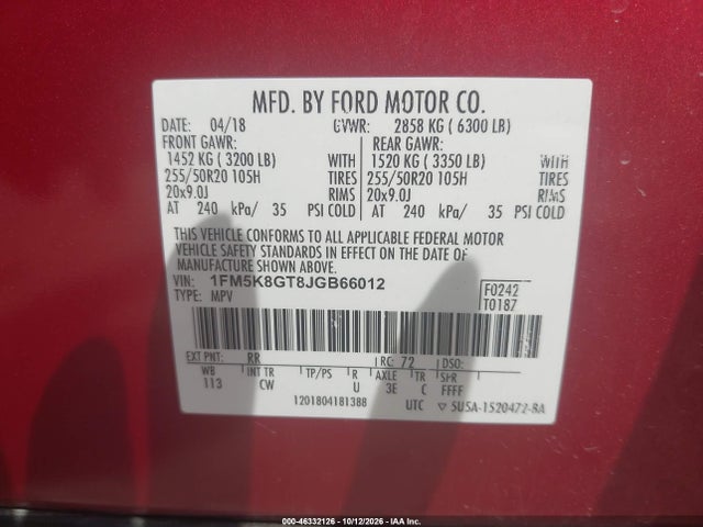 46332126 :رقم المزاد ، 1FM5K8GT8JGB66012 vin ، 2018 Ford Explorer Sport مزاد بيع