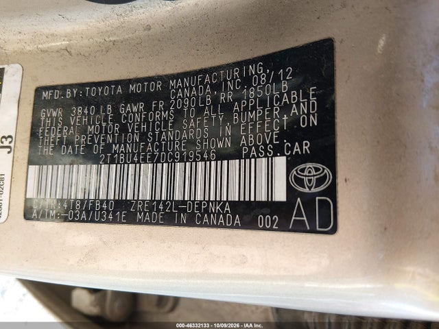 46332133 :رقم المزاد ، 2T1BU4EE7DC919546 vin ، 2013 Toyota Corolla Le مزاد بيع