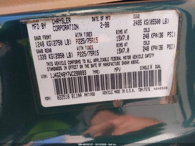 Aukcja sprzedaży 1998 Jeep Grand Cherokee Laredo, vin: 1J4GZ48Y7WC298893, numer aukcji: 46332137