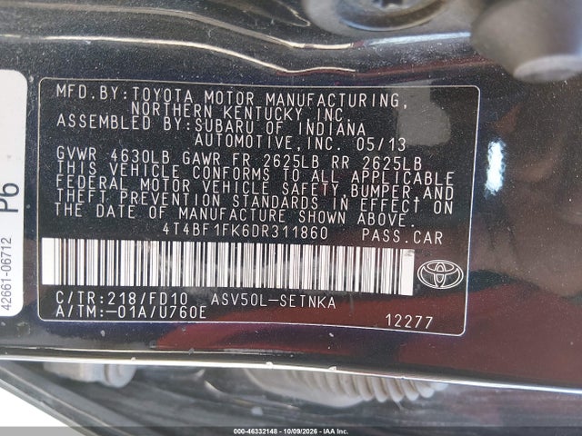 46332148 :رقم المزاد ، 4T4BF1FK6DR311860 vin ، 2013 Toyota Camry Le مزاد بيع