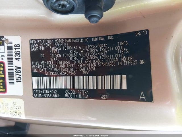 5TDKK3DC2ES407945 Toyota Sienna Le V6 8 Passenger