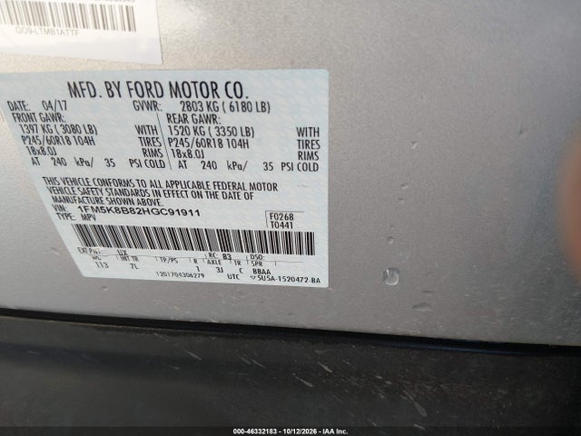 Продажа на аукционе авто 2017 Ford Explorer, vin: 1FM5K8B82HGC91911, номер лота: 46332183