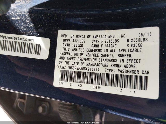 Продаж на аукціоні авто 2016 Honda Accord Sport, vin: 1HGCR2F56GA216877, номер лоту: 46332190